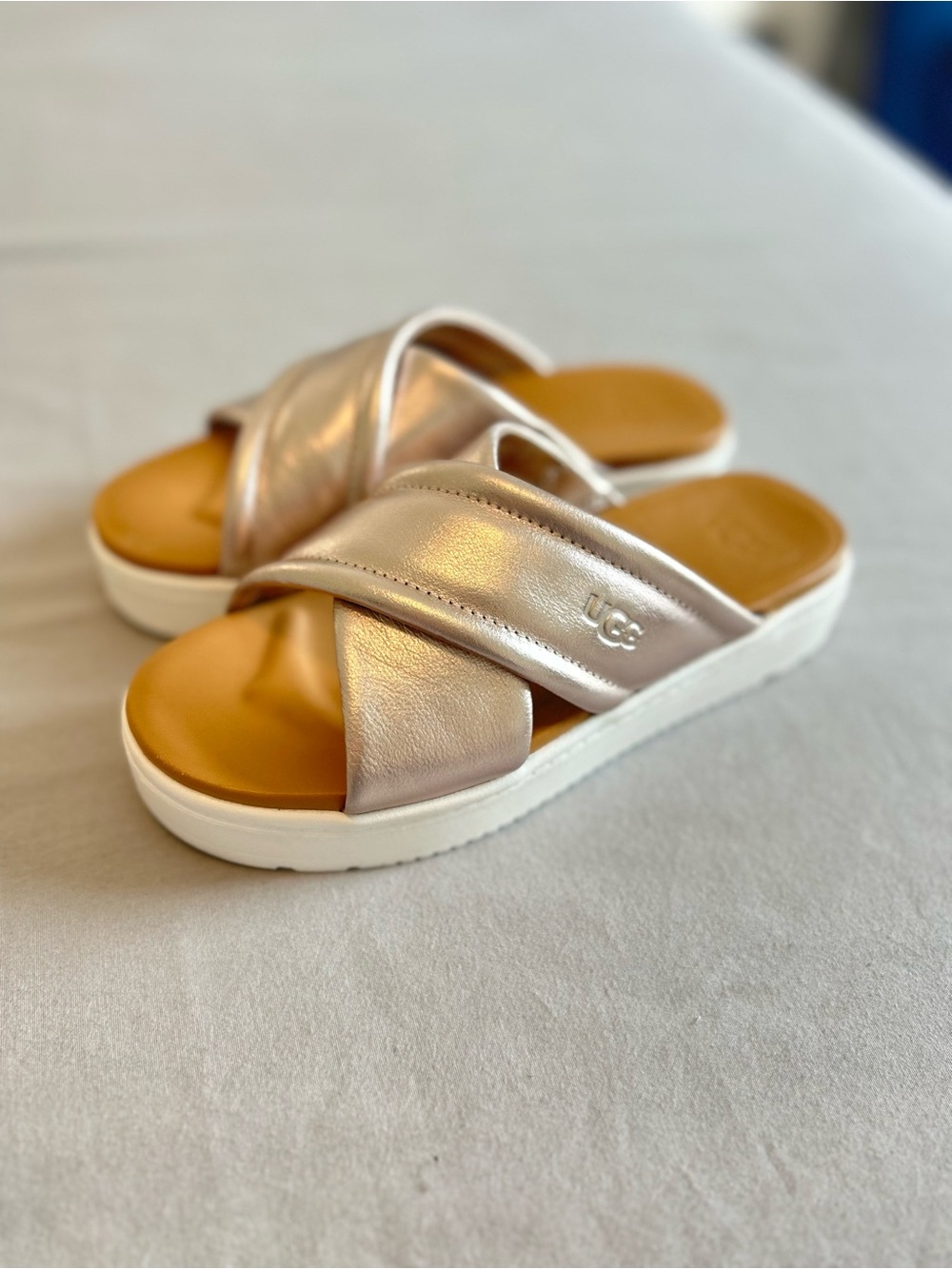 UGG Women’s Metallic Rose Gold Cross-Band Slide Sandals size 5 - Picture 2 of 6